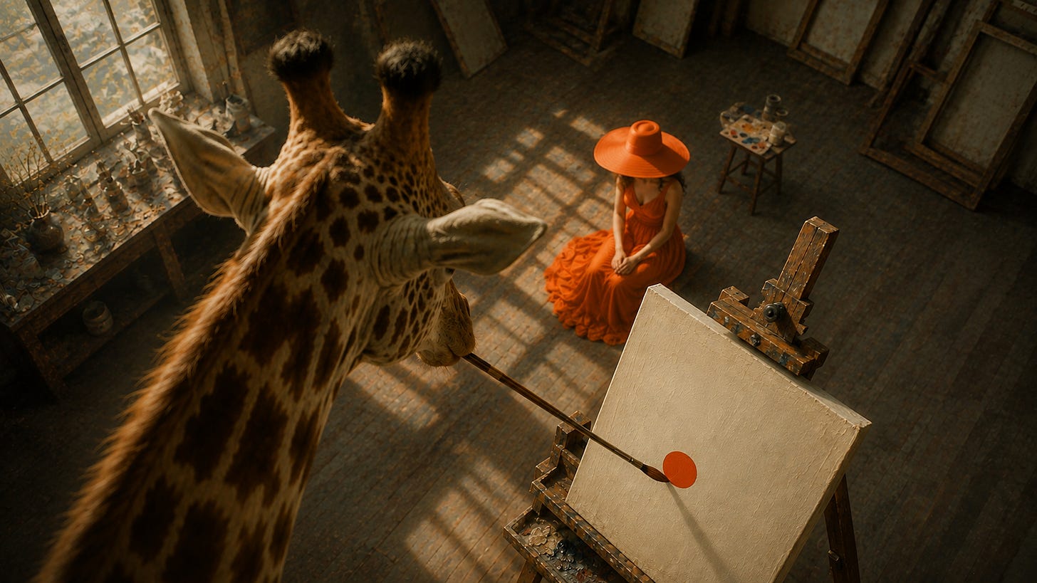 From a giraffe's lofty perspective inside a warm, sunlit artist's studio, a blank canvas on an easel holds a single bright orange dot while, below, a woman in a flowing orange dress and wide-brimmed orange hat sits with her head bowed, looking forward. The giraffe's long neck and paintbrush frame the foreground, suggesting it has faithfully reduced the portrait to the one feature most visible from its great height. From a giraffe's lofty perspective inside a warm, sunlit artist's studio, a blank canvas on an easel holds a single bright orange dot while, below, a woman in a flowing orange dress and wide-brimmed orange hat sits with her head bowed, looking forward. The giraffe's long neck and paintbrush frame the foreground, suggesting it has faithfully reduced the portrait to the one feature most visible from its great height.