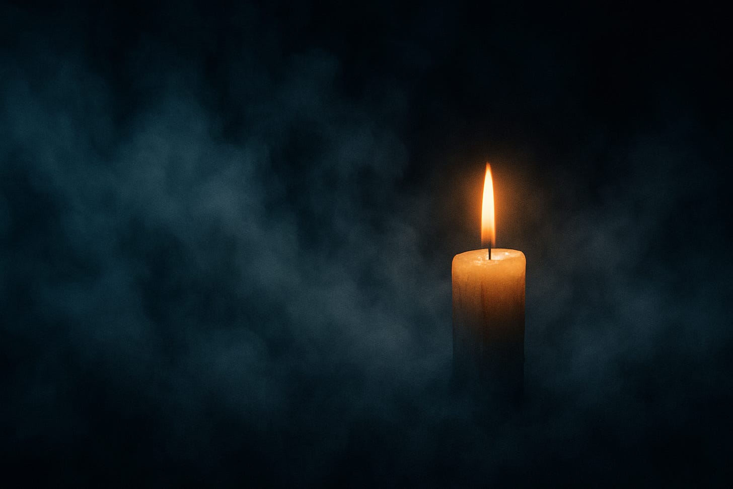 A lone candle flickers warmly amid thick blue mist in the dark, its soft glow cutting through the surrounding haze.