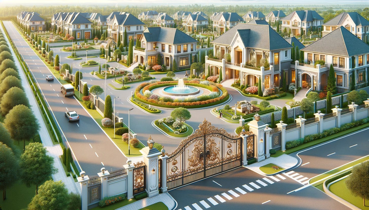 A stunning, gated luxury community that everyone envies. The community features elegant houses set far apart, lush landscaping, wide streets, and top-notch amenities. The entrance has an ornate gate and security post. Inside, there are beautiful parks, high-end shopping areas, and recreational facilities, all creating an atmosphere of exclusivity and opulence.