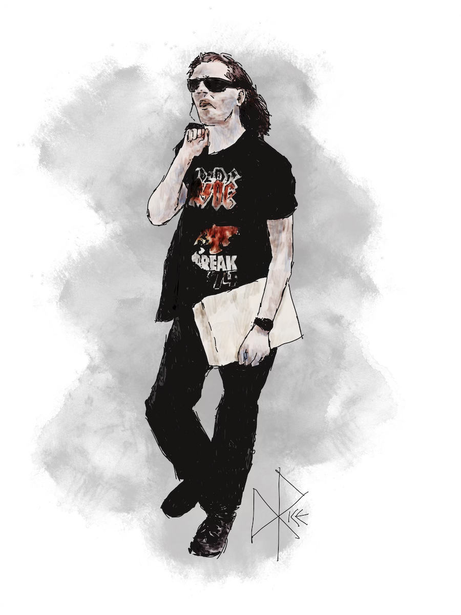 On a late summer day, a young heavy metal fan walks while carrying a manila envelope, with his jacket slung over one shoulder. Sketch art by Don Rice.