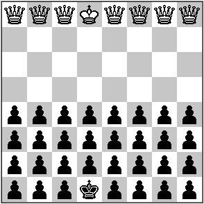 white has seven queens and a king, black has 27 pawns and a king white has seven queens and a king, black has 27 pawns and a king