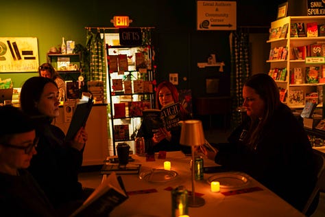 A grid of 9 images of Silent Book Club chapters reading Vigil by George Saunders 