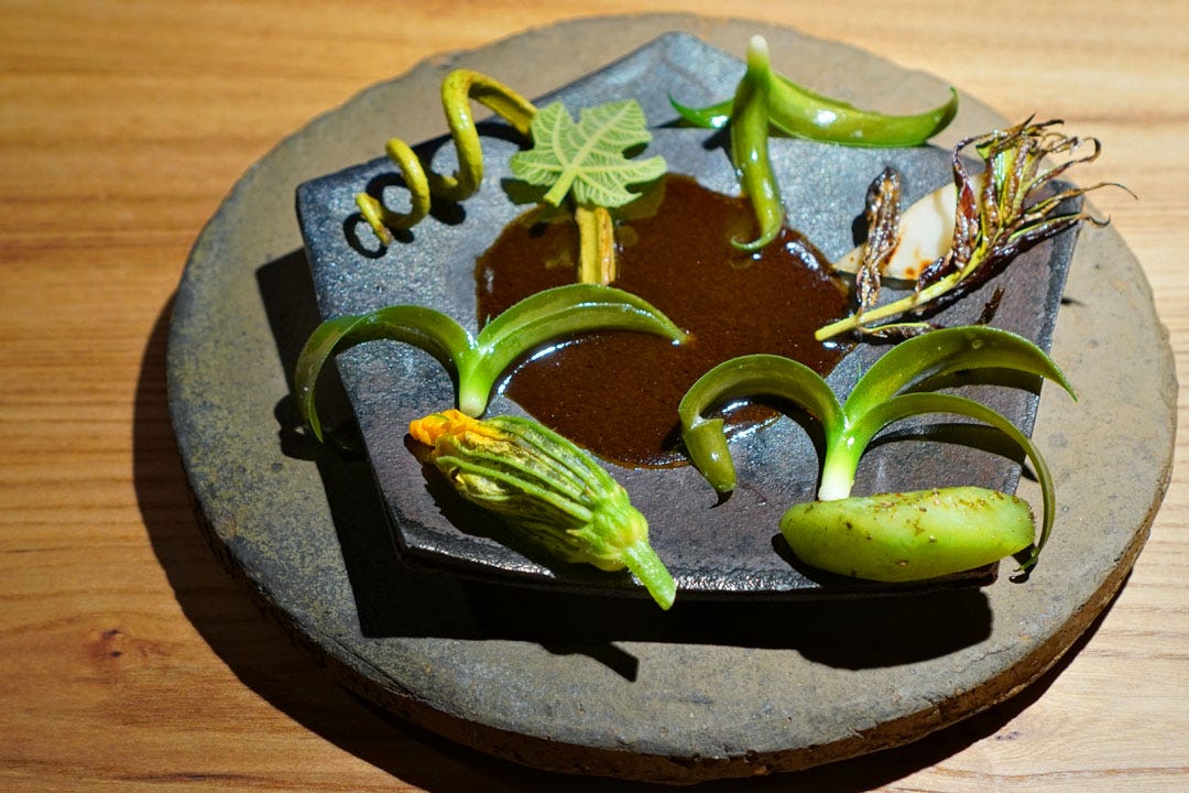 Seasonal greens in a spiced kelp mole
