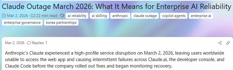 Deployflow article header "Is Claude Down? Anthropic Outage" beside the Claude.ai error page reading "Claude will return soon," documenting the March 2, 2026 service disruption