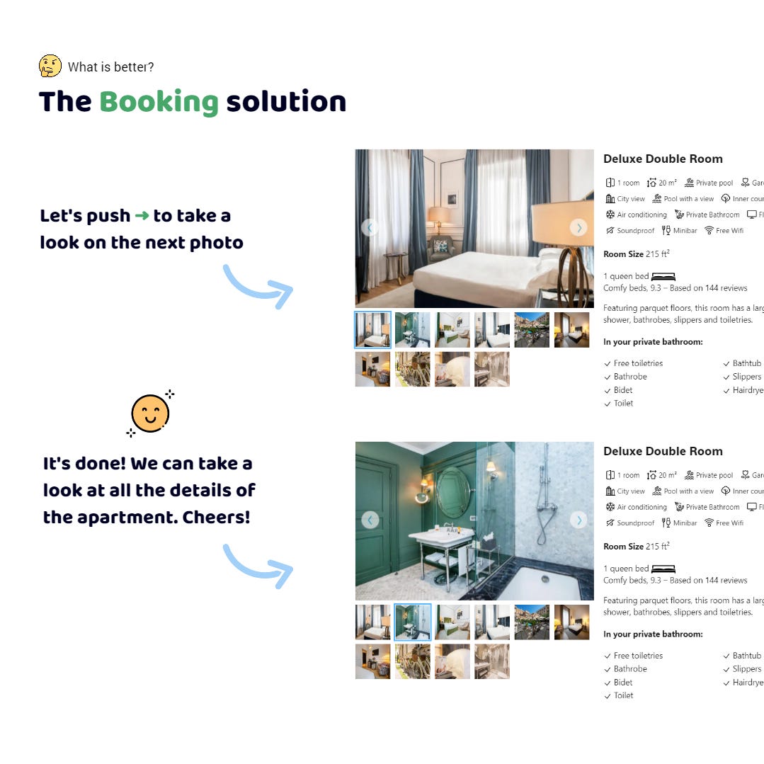 The Booking app. I wanna book a hotel and opened a photo gallery. I press the right arrow key on the keyboard. Oh, now I can see the photo of the room. I press it again. Now I can look at the photo of the bathroom
