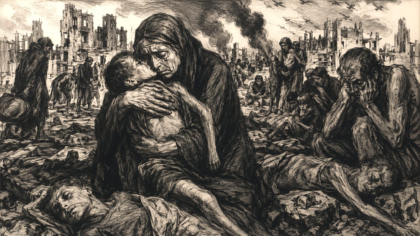 Illustration en noir et blanc de style expressionniste. Au premier plan, une mère éplorée enlace le corps inerte d'un enfant. Autour d'elle, des survivants épuisés se tiennent au milieu d'immeubles effondrés, de gravats et de colonnes de fumée. À l'arrière-plan apparaissent les ruines d'une ville dévastée et des avions dans le ciel. L'ensemble évoque le deuil, la destruction et les conséquences humanitaires de la guerre. Illustration en noir et blanc de style expressionniste. Au premier plan, une mère éplorée enlace le corps inerte d'un enfant. Autour d'elle, des survivants épuisés se tiennent au milieu d'immeubles effondrés, de gravats et de colonnes de fumée. À l'arrière-plan apparaissent les ruines d'une ville dévastée et des avions dans le ciel. L'ensemble évoque le deuil, la destruction et les conséquences humanitaires de la guerre.