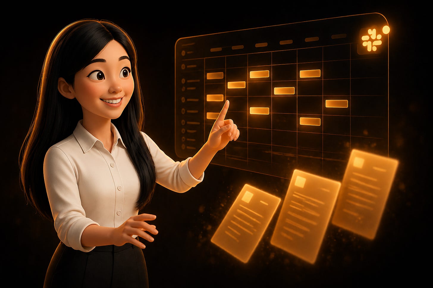 Pixar-style 3D illustration of Jenny Ouyang from Build to Launch conducting a schedule panel on her left while floating document cards materialize to her right, representing autonomous Claude Code Routines running without her input