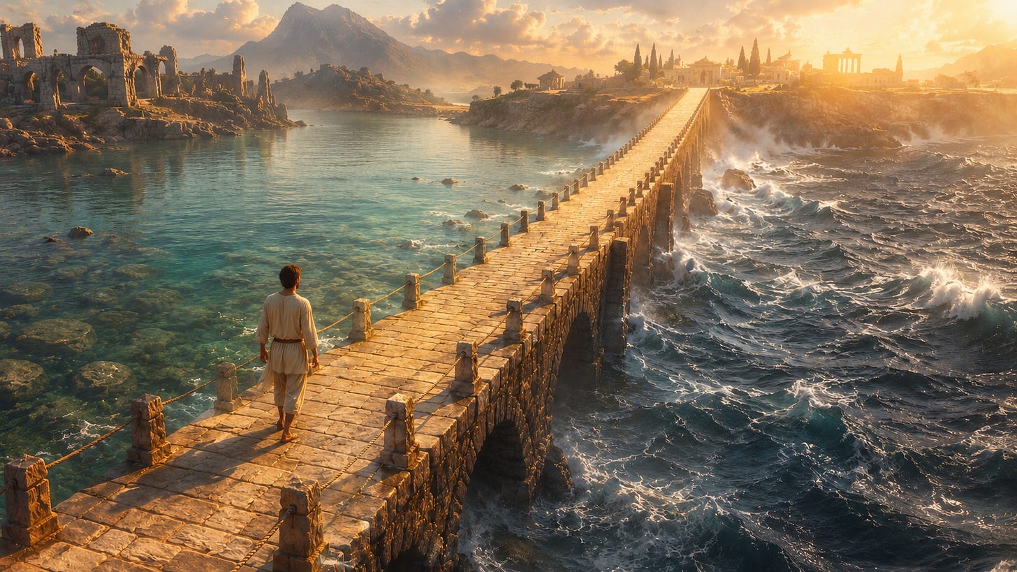 Show a solitary figure walking across a long, wide bridge suspended above water, moving steadily forward with a quiet sense of reflection, humility, and inner growth. Show a solitary figure walking across a long, wide bridge suspended above water, moving steadily forward with a quiet sense of reflection, humility, and inner growth.