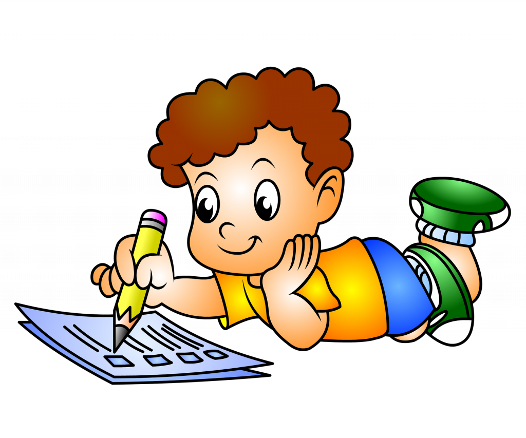 Cartoon of a little boy laying on the floor in colorful clothes writing on a notepad with a pencil Cartoon of a little boy laying on the floor in colorful clothes writing on a notepad with a pencil