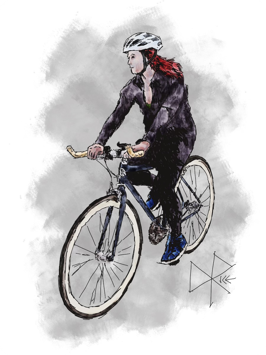 A woman in active cycling gear, whizzing along on her bicycle. Sketch art by Don Rice.