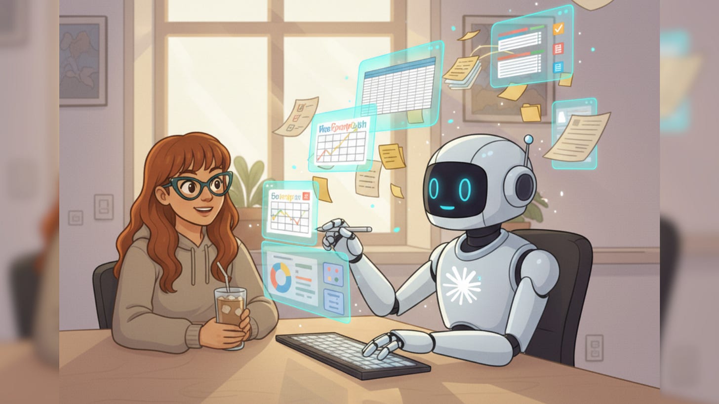 Illustration of person collaborating with AI assistant, surrounded by floating documents, spreadsheets, and calendar interfaces representing automated workflow tools