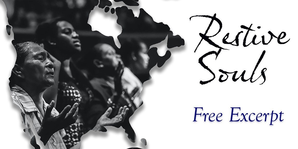 Cover Image for Restive Souls pre-release showing people praying within a map of North America Cover Image for Restive Souls pre-release showing people praying within a map of North America