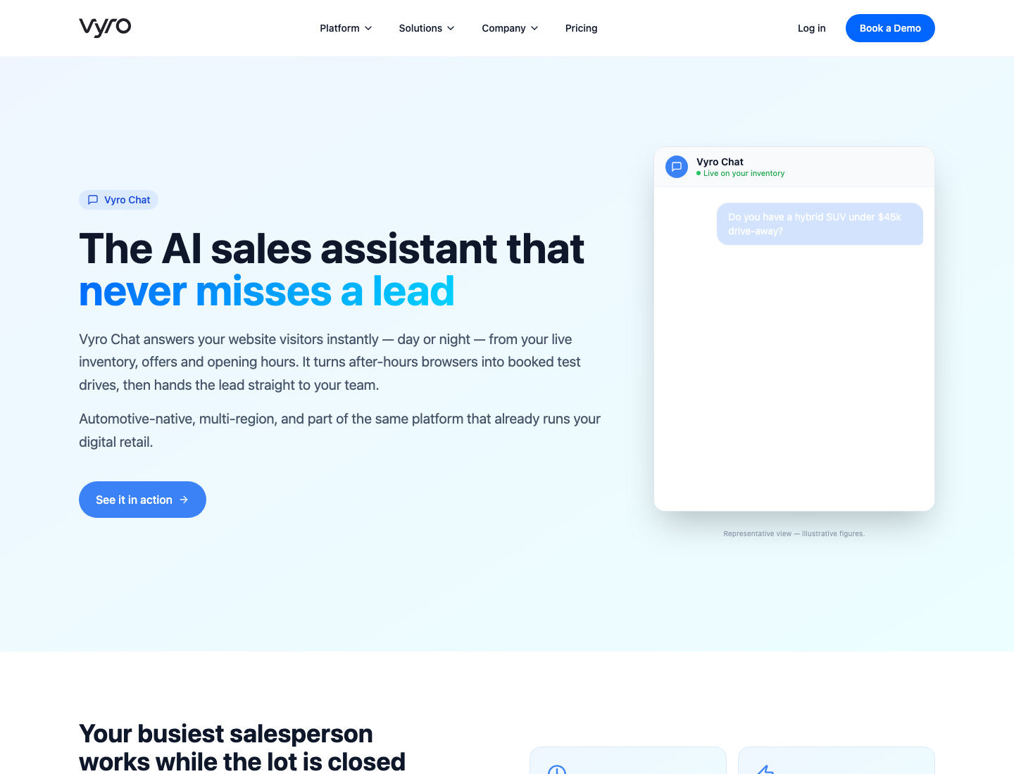 Vyro Chat official product page showing its inventory-grounded sales assistant Vyro Chat official product page showing its inventory-grounded sales assistant