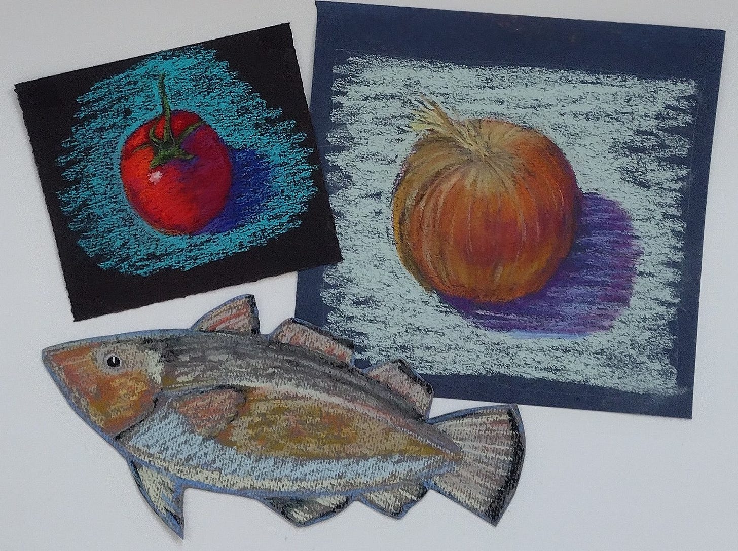 illustration of tomato, onion and cod