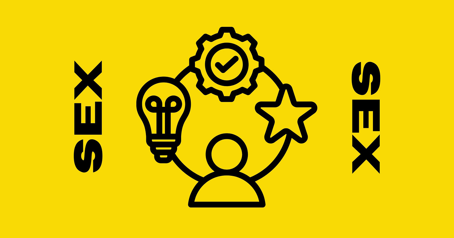 In the center is a graphic of a person with a lightbulb, check marked gear, and star in a circular pattern over their head with the word “SEX” on both sides of the center image.
