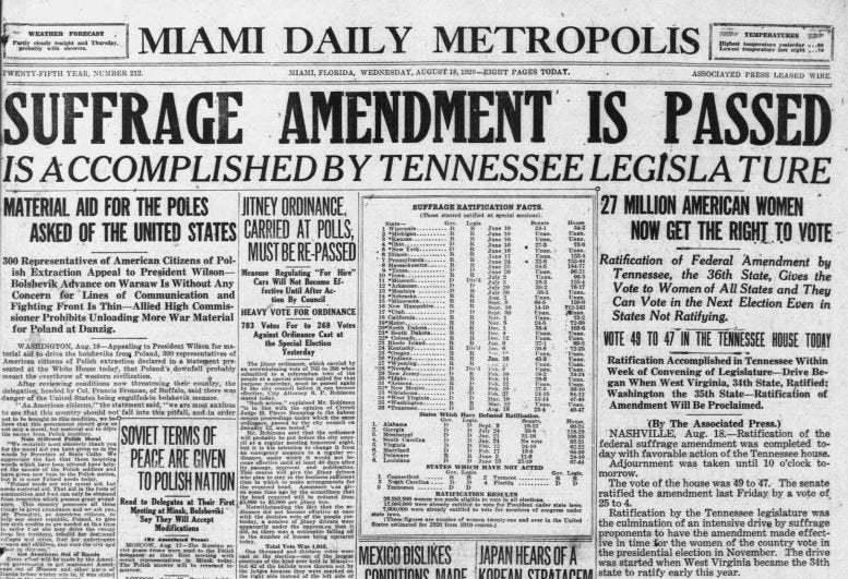 The headline in the Miami Daily Metropolis on August 18, 1920. Courtesy of the Miami News Archives.