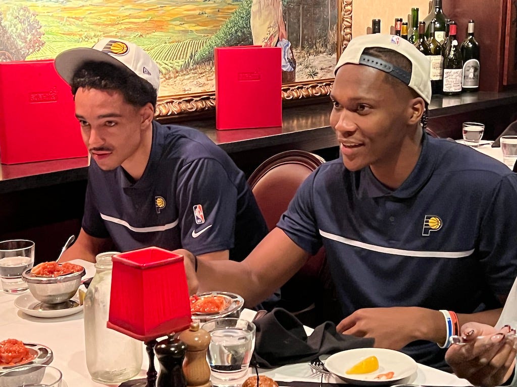 Andrew Nembhard and Bennedict Mathurin were introduced to St. Elmo Steak House on their first day after being drafted by the Pacers. Andrew Nembhard and Bennedict Mathurin were introduced to St. Elmo Steak House on their first day after being drafted by the Pacers.