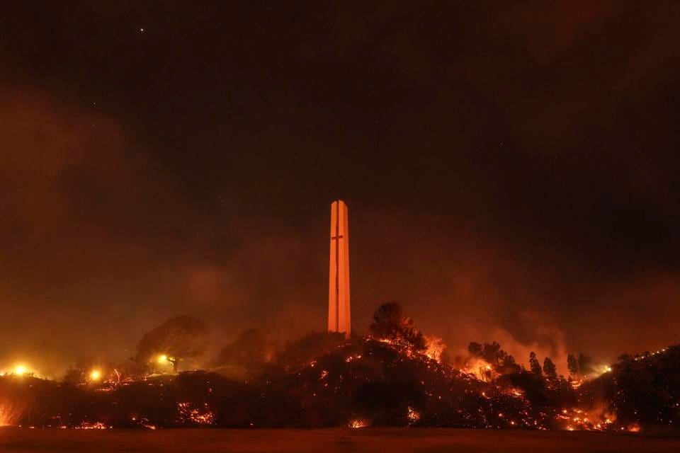 Vegetation around a tower near Pepperdine University is scorched by fire Vegetation around a tower near Pepperdine University is scorched by fire