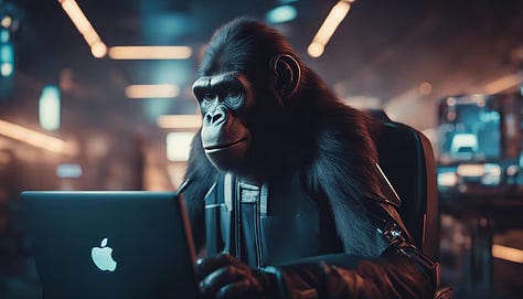 LEFT TO RIGHT: Ensh*ttificator (Norwegian Consumer Council); Human creator & board-game artist Kenny Katayama*; ape coding meme (Freepik); AI business veteran Alap Shah (his Instagram); journalist & author Cory Doctorow @ EFF Awards (quinnums); AI/ML researcher @ Princeton Thomas Griffiths *Courtesy of creator