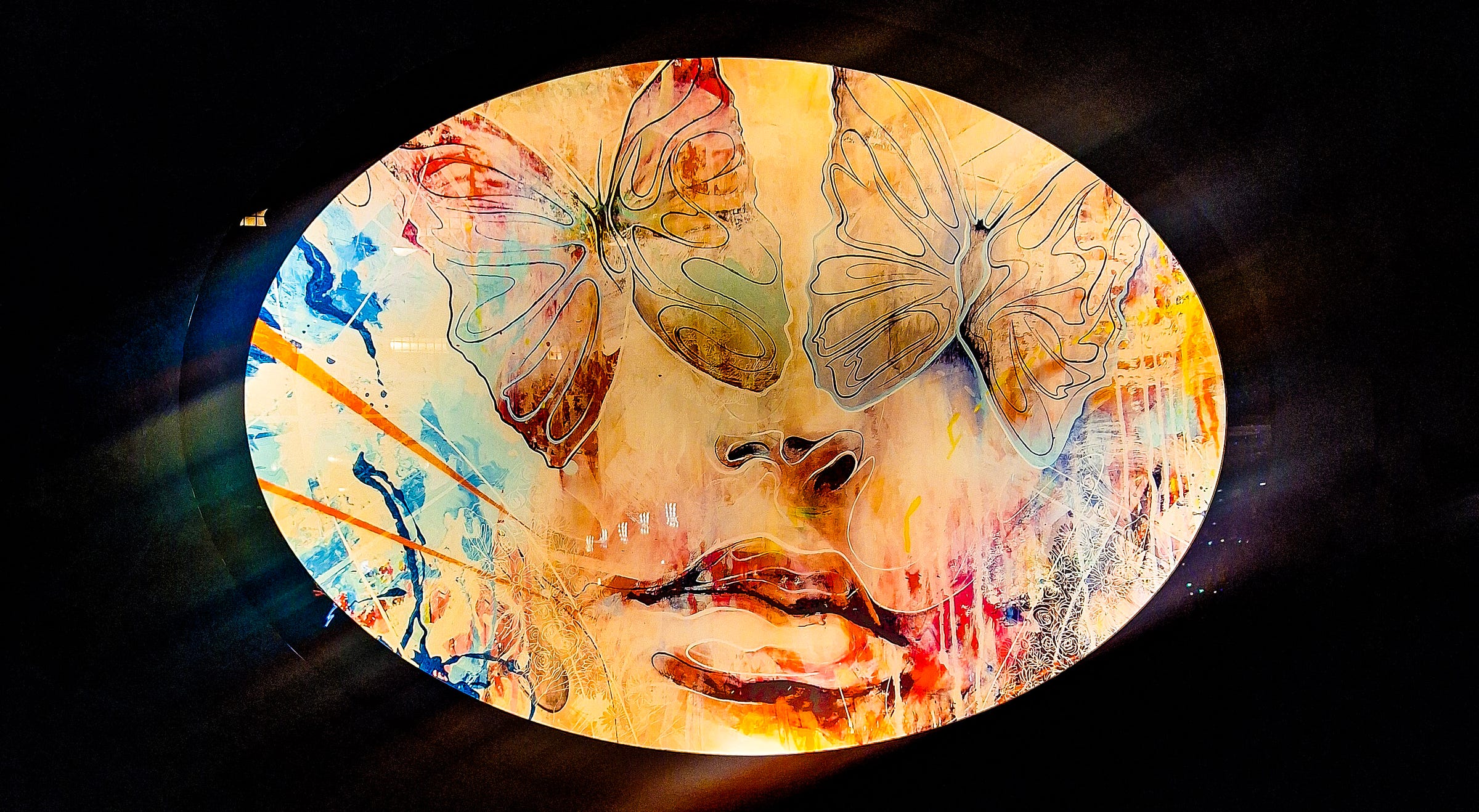 “Butterfly Eyes” — Wall art at a London grub + drinks spot. “Butterfly Eyes” — Wall art at a London grub + drinks spot.