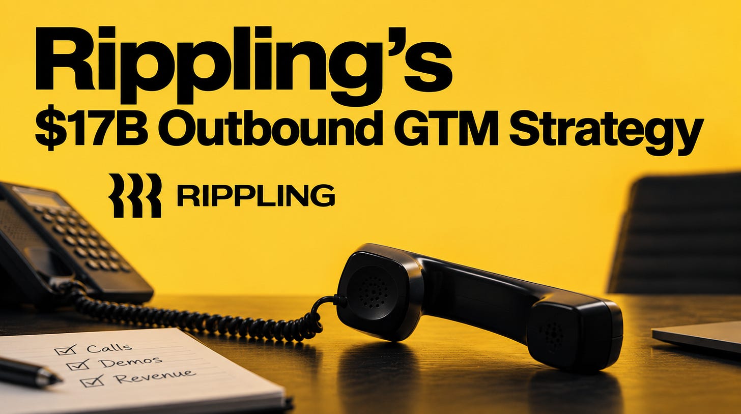 Rippling logo above a black desk phone on a yellow background, representing the company’s outbound sales strategy. Rippling logo above a black desk phone on a yellow background, representing the company’s outbound sales strategy.