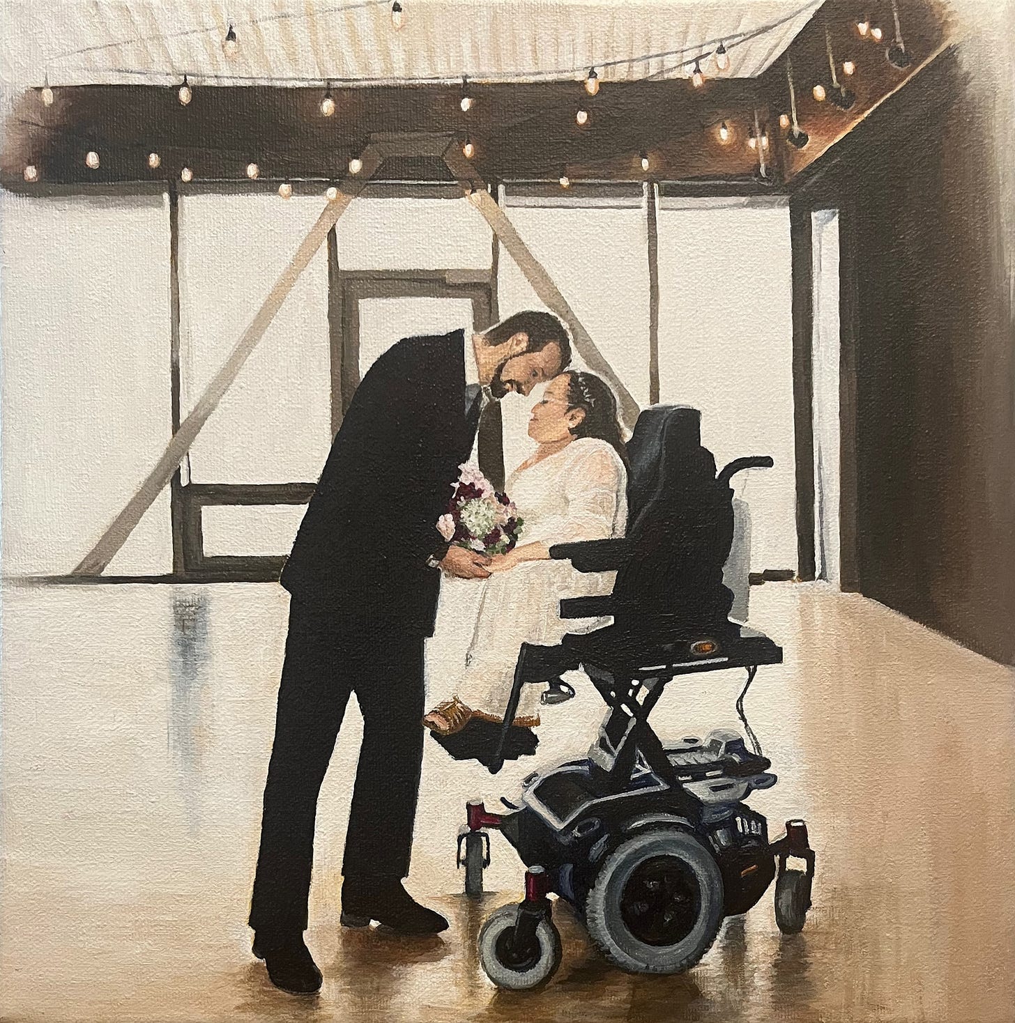 Finished wedding painting showing Athena and Stefan in a large empty room. Athena is elevated in her wheelchair and wears a simple lacey wedding dress. Stefan is leaning forward to touch his forehead with hers in a dark suit and grey tie. They hold hands under a bouquet of white, pink and dark magenta flowers. Overhead the string bulbs cast a romantic glow that feels like starlight. Finished wedding painting showing Athena and Stefan in a large empty room. Athena is elevated in her wheelchair and wears a simple lacey wedding dress. Stefan is leaning forward to touch his forehead with hers in a dark suit and grey tie. They hold hands under a bouquet of white, pink and dark magenta flowers. Overhead the string bulbs cast a romantic glow that feels like starlight.