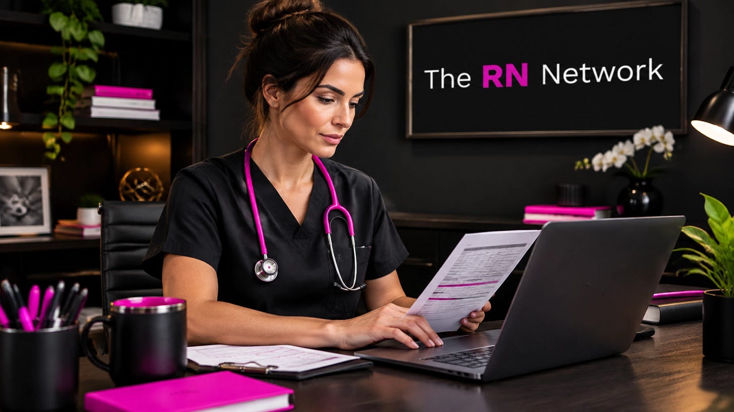 A registered nurse in black and white scrubs working remotely while documenting a clinical rationale A registered nurse in black and white scrubs working remotely while documenting a clinical rationale