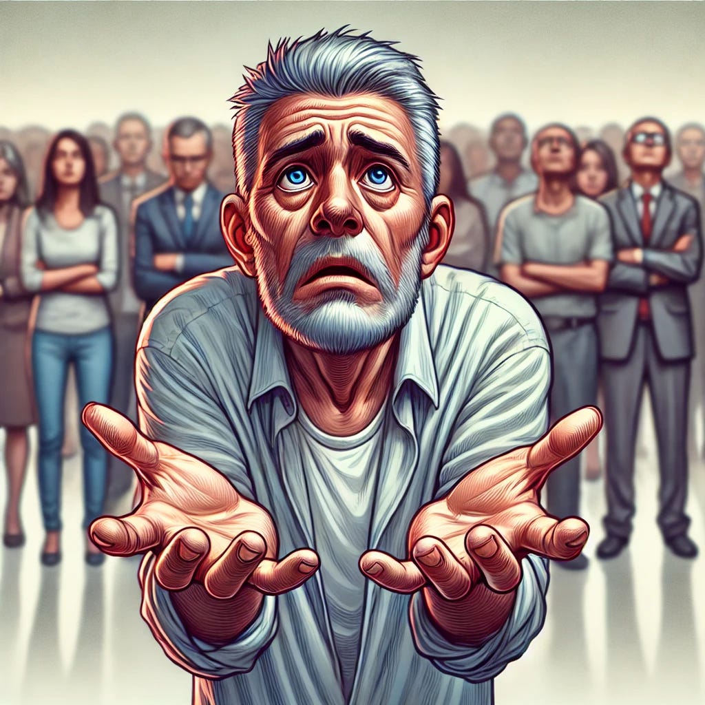 An older man desperately seeking acceptance and attention. He stands with arms outstretched, palms up, and shoulders hunched. His facial expression shows sadness and longing, with wide eyes and a slightly open mouth. He has graying hair and wrinkles. The background features a blurred, indifferent crowd facing away. Mix of realism and cartoon style.