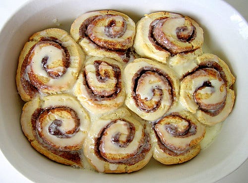 A plate full of cinnamon rolls. Image is licensed under 