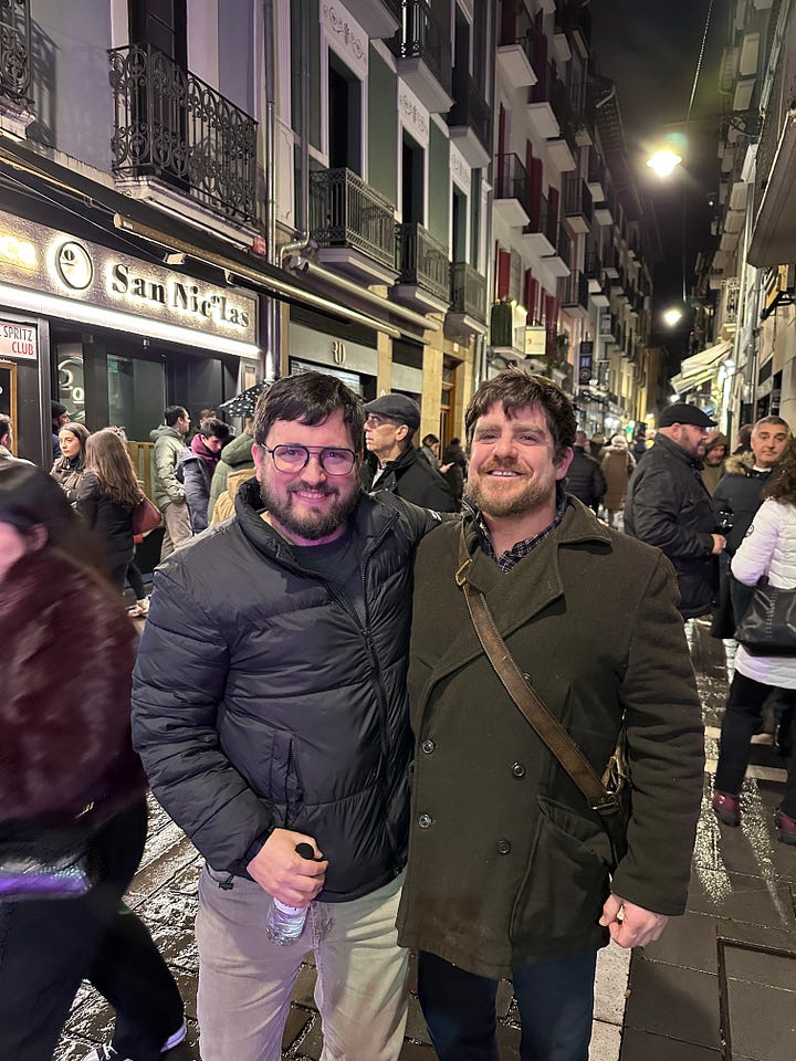 Tapas in Pamplona and Nick and Daniel with full stomachs.