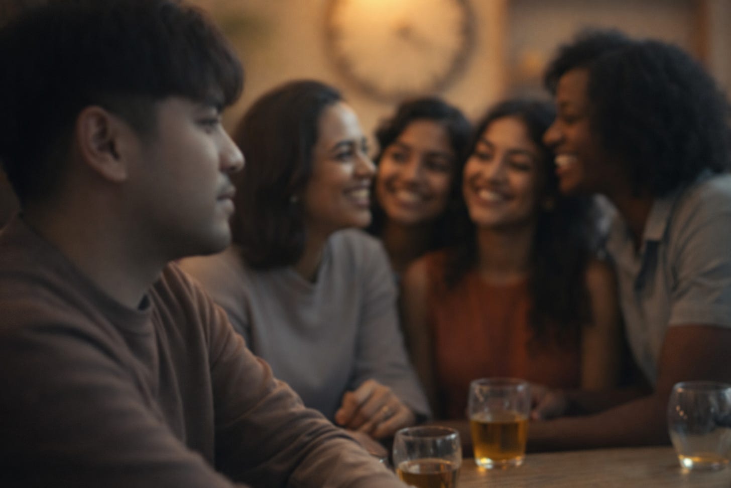 A slightly blurred person sits at a table while friends laugh together nearby.