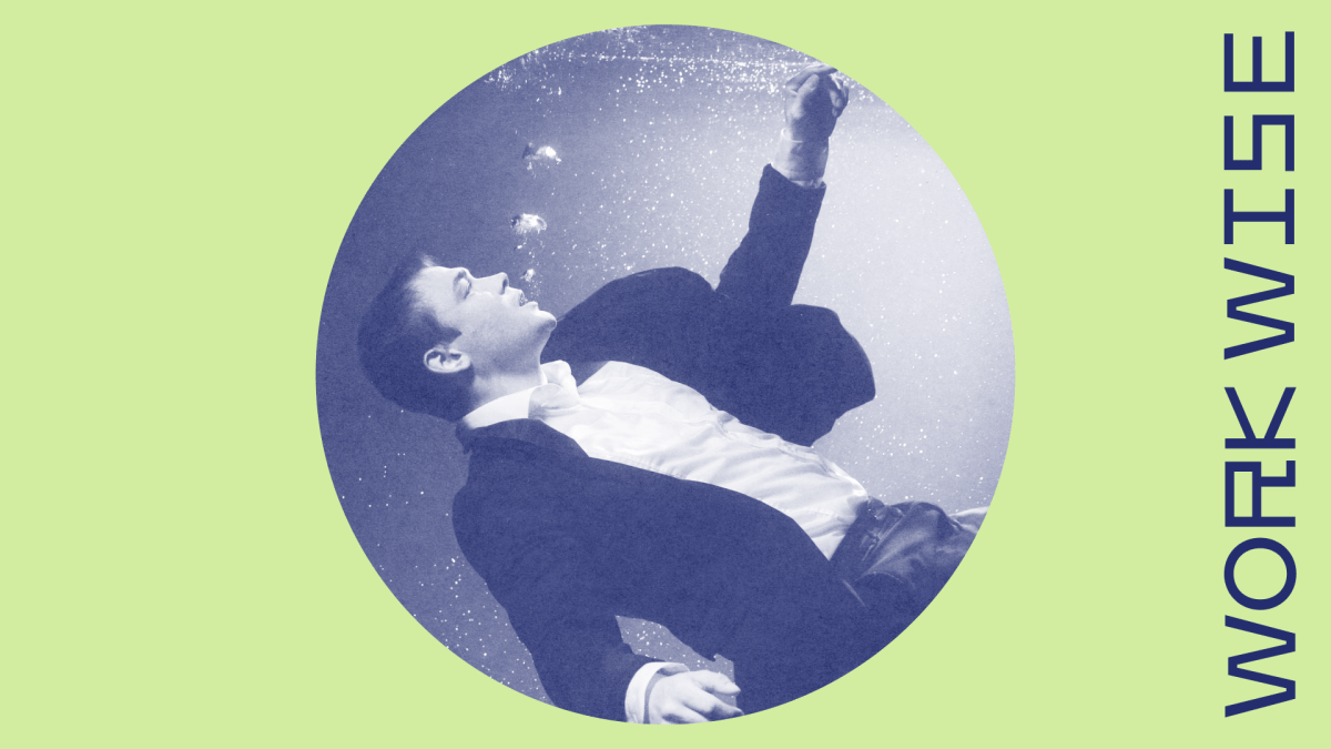 A man in a suit floats underwater, releasing bubbles. The words "WORK WISE" are written vertically on the right side against a light green background.