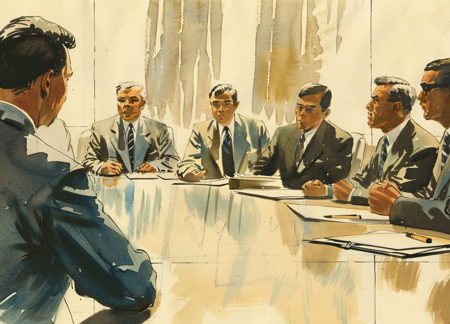 vintage watercolor illustration of executives seated around a conference table during a formal meeting, with one figure isolated at the end, conveying procedural judgment vintage watercolor illustration of executives seated around a conference table during a formal meeting, with one figure isolated at the end, conveying procedural judgment