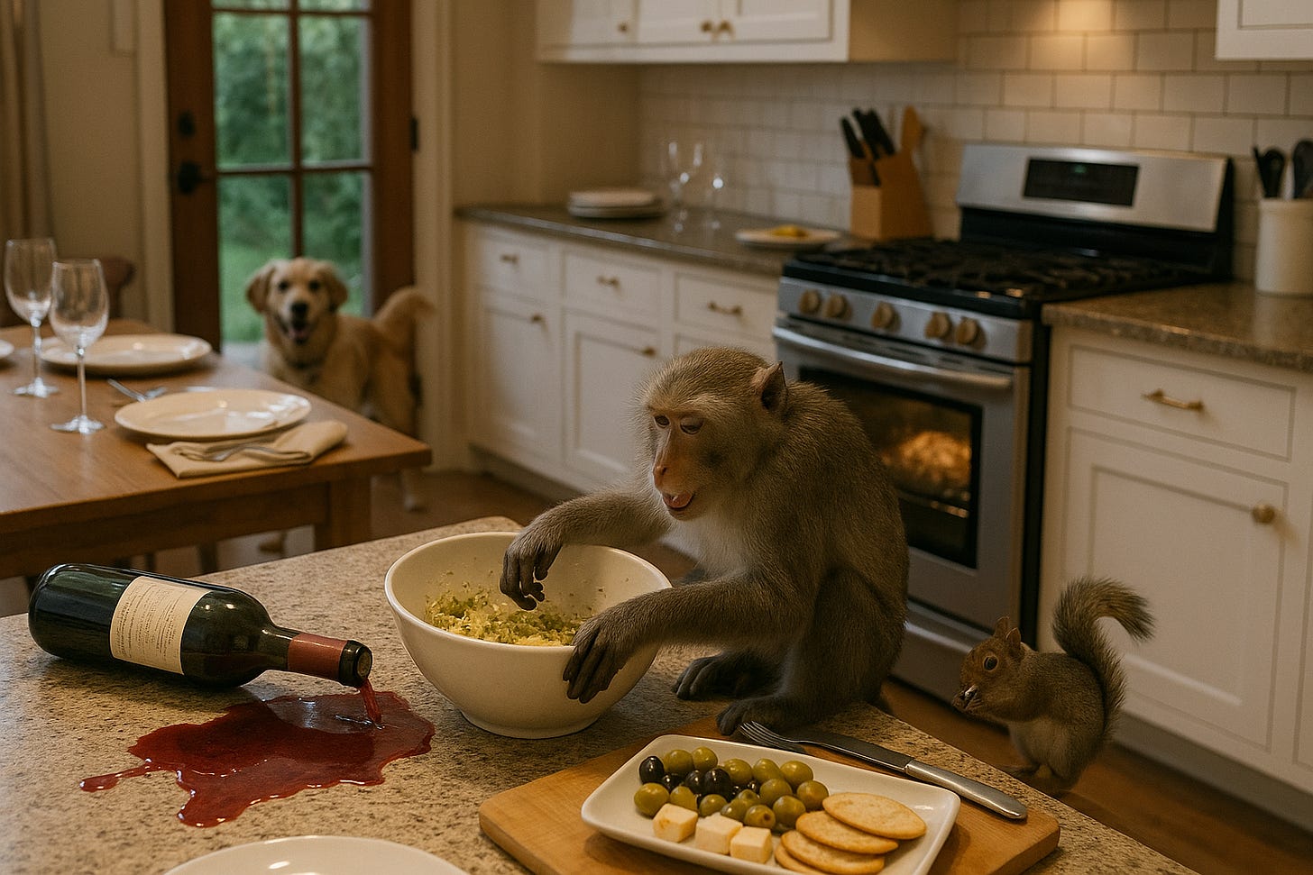 A chaotic but strangely believable kitchen scene, captured in the style of a candid photojournalist shot. A well-appointed home kitchen, clearly set for an elegant dinner party—wine glasses, place settings, a roast in the oven. In the middle of the scene, a monkey is curiously inspecting a bowl of ingredients on the counter, having just knocked over a bottle of wine. A friendly dog is in the background by the door, surrounded by a few scattered delivery boxes. A squirrel is on the counter near the snack tray, stealing something shiny. The mood is not cartoonish or exaggerated. The animals are not threatening, just acting on instinct—curious, fast, and uncoordinated. The lighting is natural, the photo slightly tilted as if caught in motion. The feeling is: things are slipping out of control, but no one has noticed yet. The image should look real, like it could have been part of a long-form feature in The New Yorker or National Geographic.