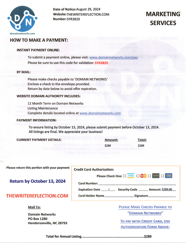 Copies of a deceptive invoice from Domain Networks for The Write Reflection website.