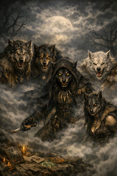 Five Barovian werewolves greet the party in swirling mist