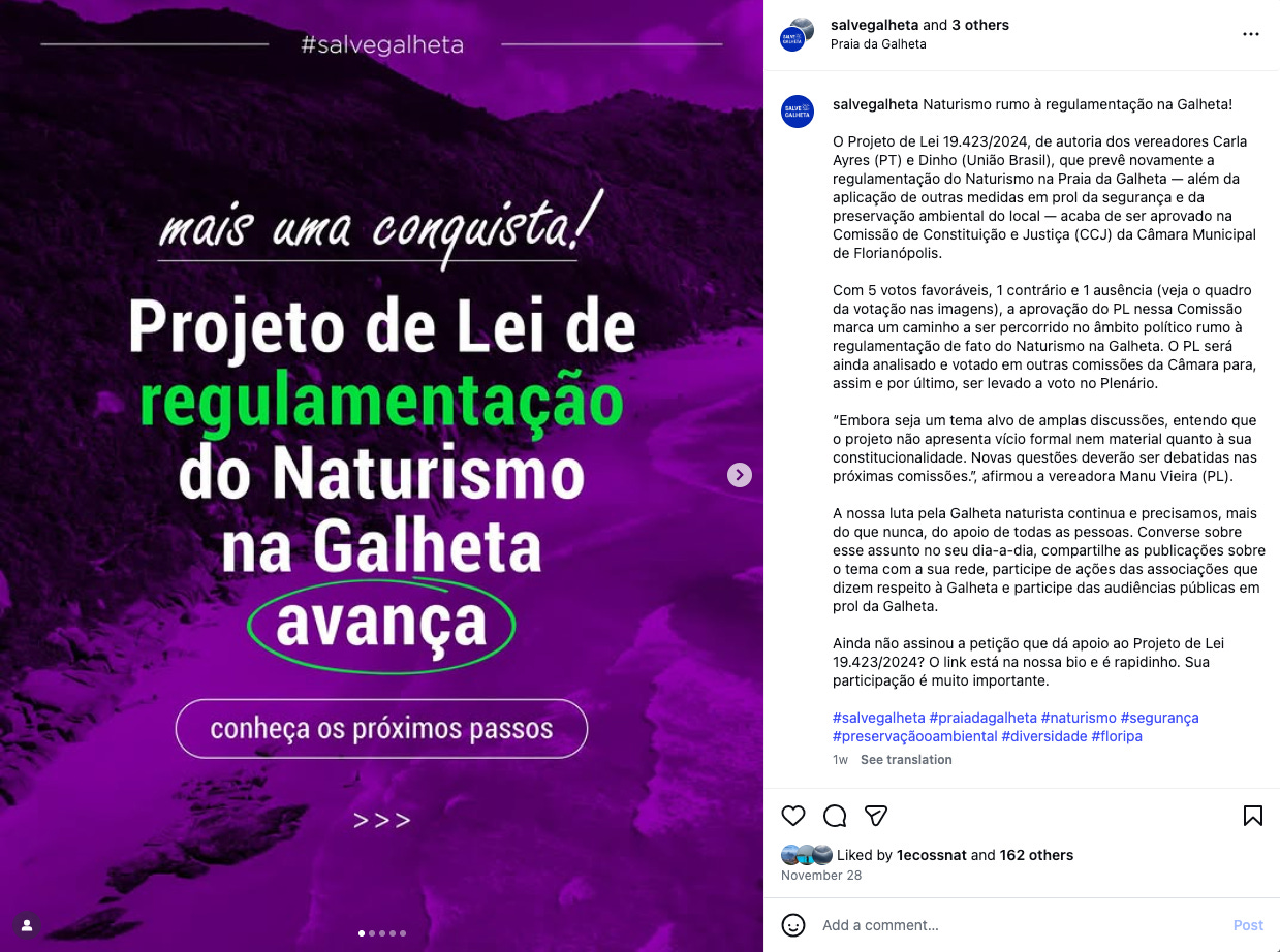 A purple-tinted graphic from AGAL announcing progress on a naturism bill in Florianópolis. Large white and green text reads “Projeto de Lei de regulamentação do Naturismo na Galheta avança,” with smaller text above saying “mais uma conquista!” and a button-style element below that reads “conheça os próximos passos.” The background shows an aerial coastline of Praia da Galheta under a color overlay. A purple-tinted graphic from AGAL announcing progress on a naturism bill in Florianópolis. Large white and green text reads “Projeto de Lei de regulamentação do Naturismo na Galheta avança,” with smaller text above saying “mais uma conquista!” and a button-style element below that reads “conheça os próximos passos.” The background shows an aerial coastline of Praia da Galheta under a color overlay.