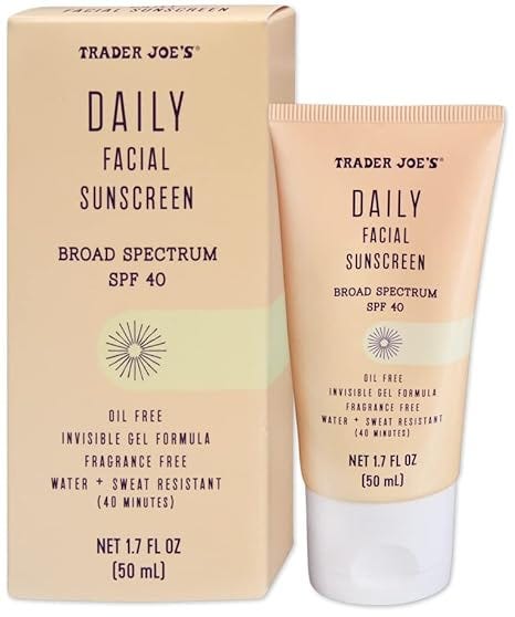 Trader Joe’s Daily Facial Sunscreen Broad Spectrum SPF 40 Oil Free Invisible Gel Formula Fragrance Free Water Sweat Resistant, 1.70 Fl Oz (Pack of 1)