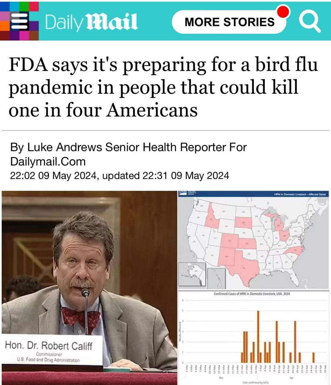 Peut être une image de 1 personne et texte : « Daily Mail MORE STORIES FDA says it's preparing for a bird flu pandemic in people that could kill one in four Americans By Luke Andrews Senior Health Reporter Reporter For Dailymail.Com 22:02 09 May 2024, updated 22:31 09 May 2024 Unmd- Sutee Confirmed CafnmeCamdaMliboutcioms HPMA pomestactvestack, 2024 Hon. Hon.Dr.RobertCaliff Dr. Robert Califf Commissione U.S Food uS.FoodandOngAdministaton nd Drug dministration DarcntenettySsk »