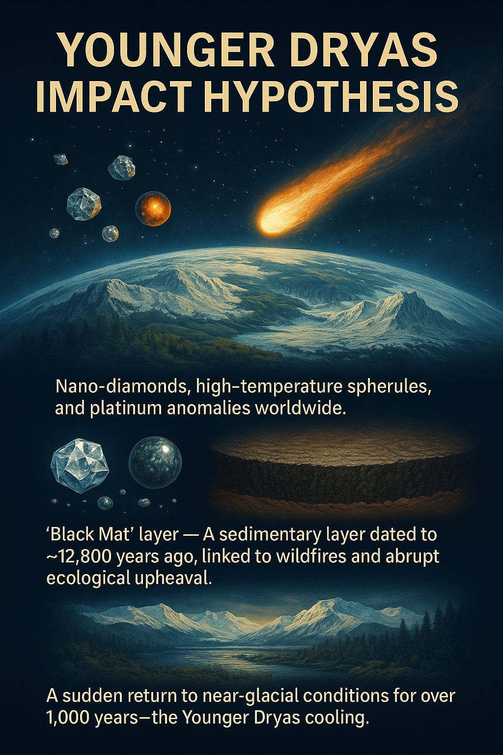 An educational infographic illustrating the Younger Dryas Impact Hypothesis. A glowing meteor streaks toward Earth, accompanied by images of nano-diamonds and impact spherules. Below, a cross-section shows the distinctive “Black Mat” sedimentary layer, symbolising ecological upheaval. The landscape transitions into a glaciated scene, evoking the sudden return to near-glacial conditions. The design conveys the magnitude of this cosmic event and its profound environmental consequences approximately 12,800 years ago.