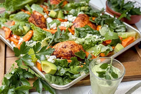 Six dinner salad recipes including Asian coleslaw, Caesar salad with chicken, salmon salad, Southwest chicken salad and a quick taco salad.