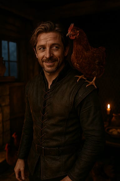 A dark fantasy image of Greegan, a rugged man with features reminiscent of actor Matt Ryan, standing inside a rustic chicken coop. He wears rogue's leathers—dark, weathered, and fitted for stealth—with a hood pushed back and a belt of small tools and daggers. His face is scruffy, with a square jaw, deep-set eyes, and a faint smirk. A chicken perches confidently on his shoulder, feathers ruffled, as he tosses grain with theatrical flair. The coop is dimly lit by lantern light, with wooden beams, scattered straw, and clucking hens in the background. The atmosphere is gritty but humorous, with Greegan’s charm cutting through the gloom. A dark fantasy image of Greegan, a rugged man with features reminiscent of actor Matt Ryan, standing inside a rustic chicken coop. He wears rogue's leathers—dark, weathered, and fitted for stealth—with a hood pushed back and a belt of small tools and daggers. His face is scruffy, with a square jaw, deep-set eyes, and a faint smirk. A chicken perches confidently on his shoulder, feathers ruffled, as he tosses grain with theatrical flair. The coop is dimly lit by lantern light, with wooden beams, scattered straw, and clucking hens in the background. The atmosphere is gritty but humorous, with Greegan’s charm cutting through the gloom.