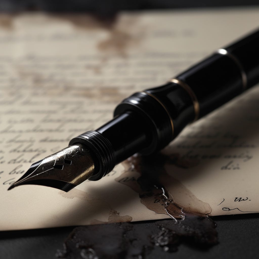 A black fountain pen resting on a handwritten letter with spilled ink, symbolizing the messy process of writing and revision.