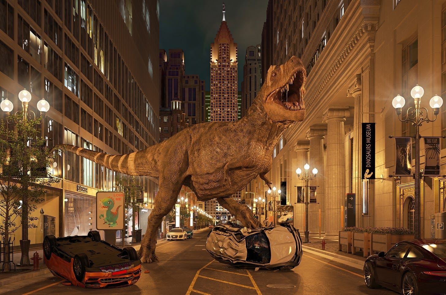 T-Rex rampaging through downtown street