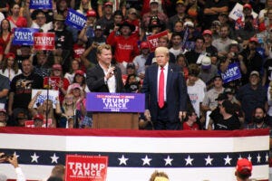 Montana Republican U.S. Senate candidate Tim Sheehy and former President Donald Trump at a rally in Bozeman on Aug. 9, 2024. (Photo by Blair Miller, Daily Montanan) Montana Republican U.S. Senate candidate Tim Sheehy and former President Donald Trump at a rally in Bozeman on Aug. 9, 2024. (Photo by Blair Miller, Daily Montanan)