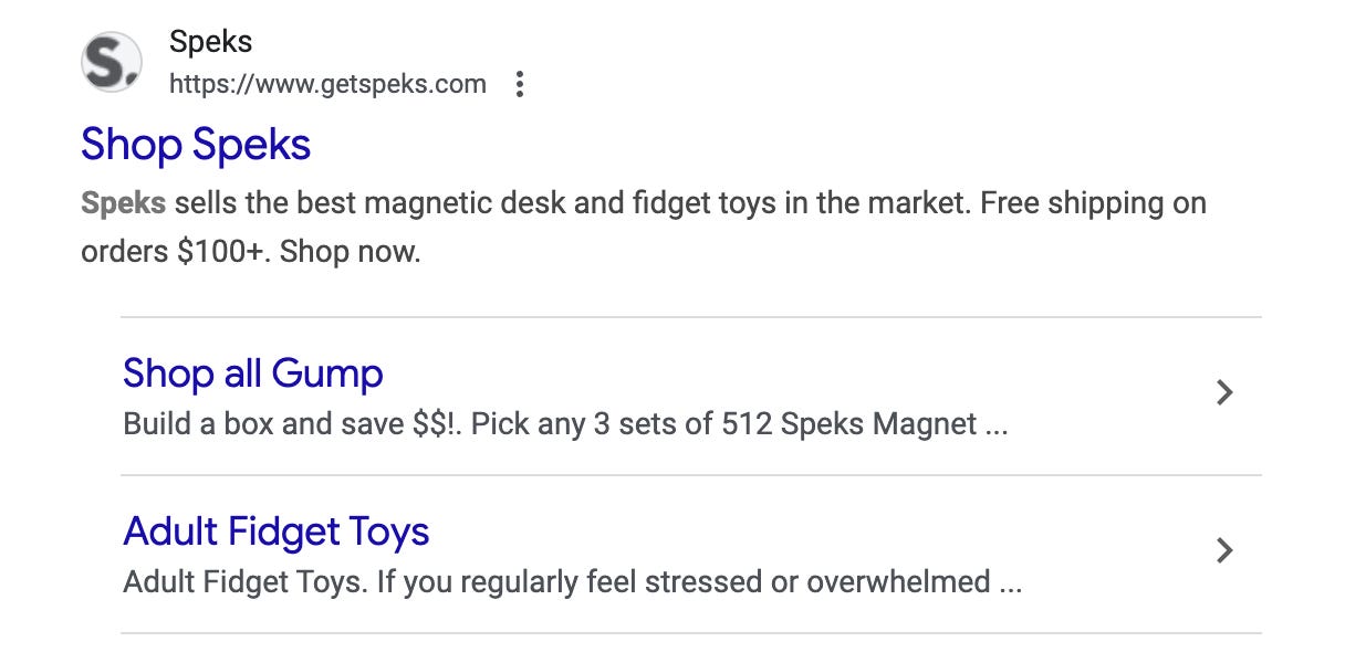 Google search results of Speks offers links to "Shop all Gump" and "Adult Fidget Toys"