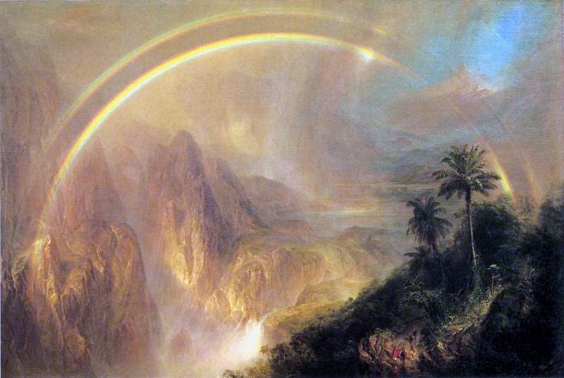 A vast double rainbow over a misty tropical gorge with tiny travellers on a mountain path A vast double rainbow over a misty tropical gorge with tiny travellers on a mountain path