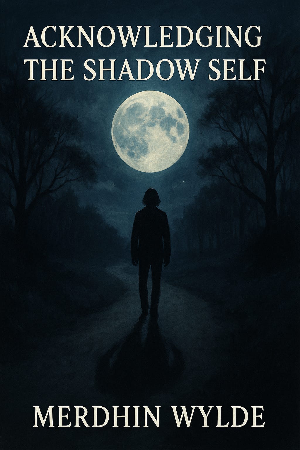 Ebook cover for Acknowledging the Shadow Self by Merdhin Wylde. A lone human figure stands on a winding moonlit path beneath a full glowing moon. Their dark shadow stretches behind them, symbolizing the hidden shadow self. Bare trees frame the scene in soft blues and silvers, creating a calm, mysterious, and reflective atmosphere.