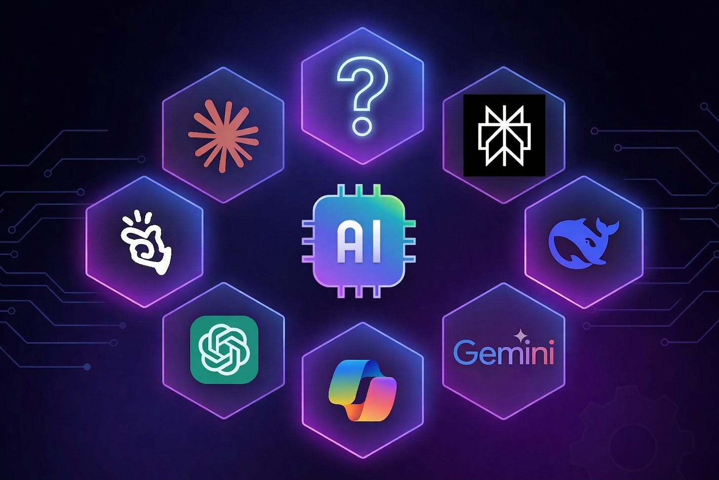 Ilustrație digitală cu un cip AI central, înconjurat de hexagoane luminoase care reprezintă mai multe platforme AI populare, pe fundal tehnologic în nuanțe de mov și albastru.