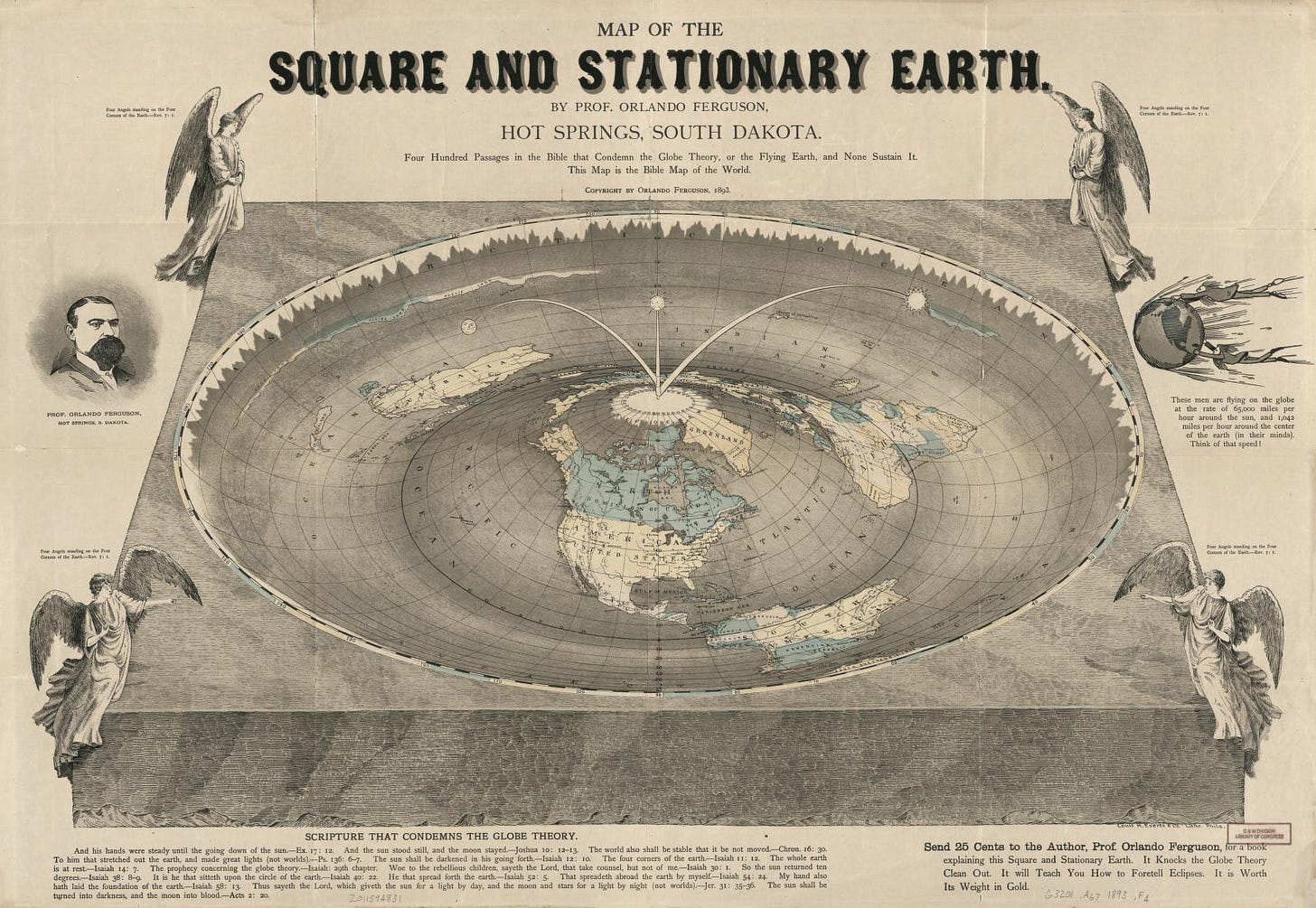 A map of a square and stationary earth with four angels at each corner.